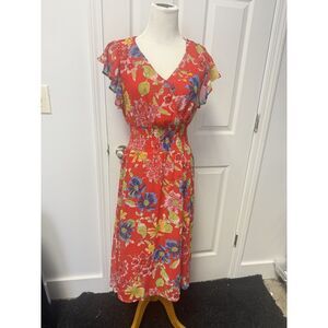 Jessica Simpson Dress Womens Medium Red Floral Ruffle Sleeve Smocked Waist Midi